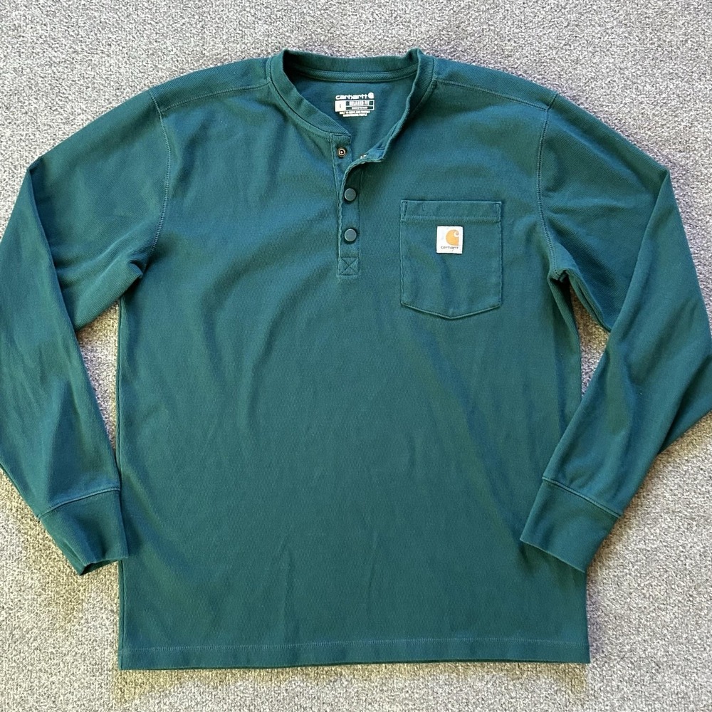 Carhartt Shirt Mens Large Green Henley Long Sleeve Pocket Workwear Relaxed - Picture 2 of 8
